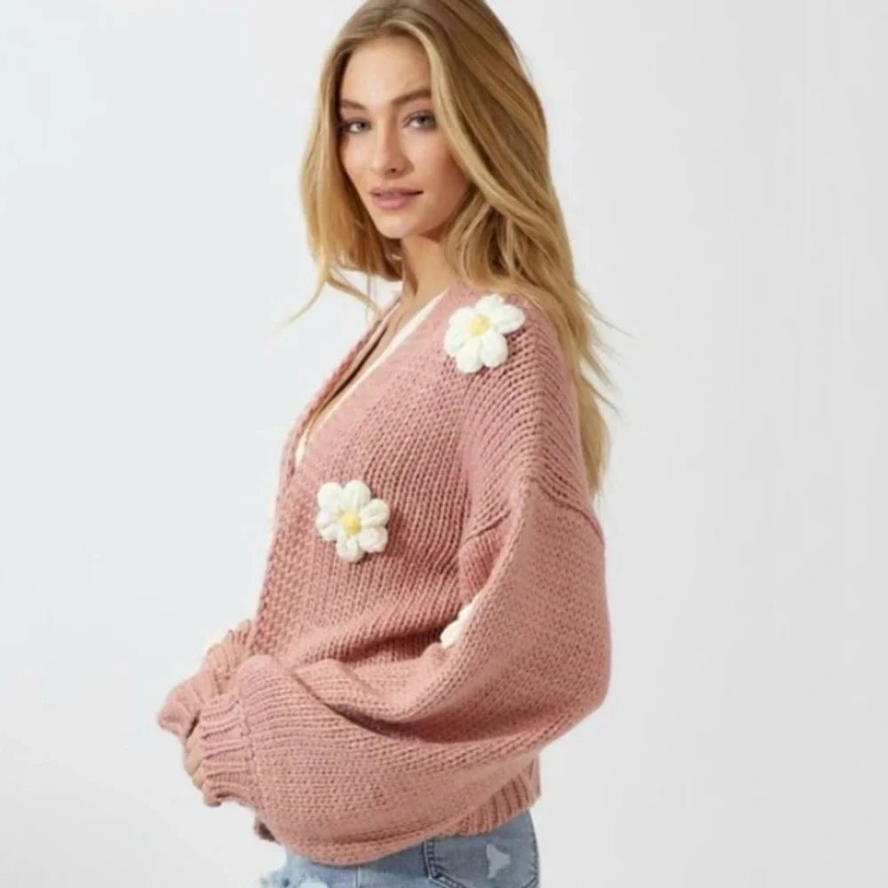 Baevely Daisy Cardigan Open Front Bubble Sleeve Floral Sweater Dusty Mauve Small